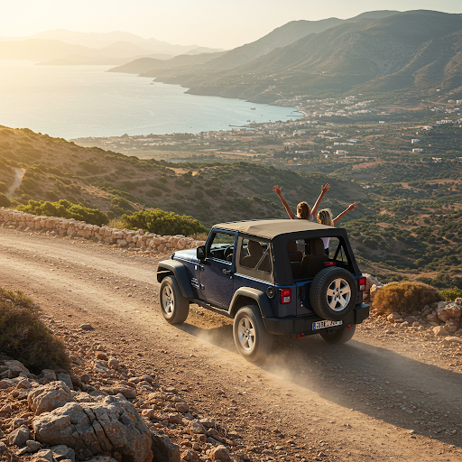 Jeep Wrangler driving downhill with panoramic sea view in Crete